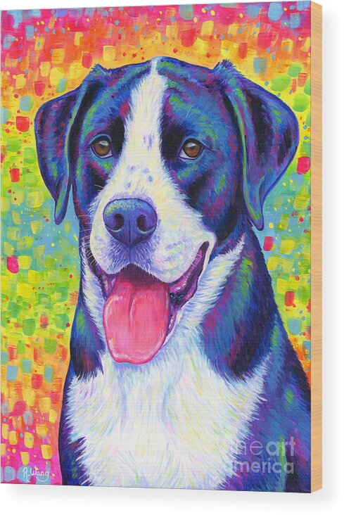 Dog Wood Print featuring the painting Colorful Bicolor Dog with Rainbow Colors by Rebecca Wang