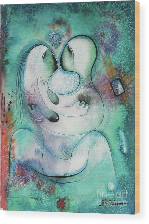 #cosmiclovers2 #lovers #watercolor #watercolorpainting #cosmicart #loversart #icon #iconseries #mysticart #symbolicart #glenneff #thesoundpoetsmusic #picturerockstudio Wood Print featuring the painting Cosmic Lovers 2 by Glen Neff