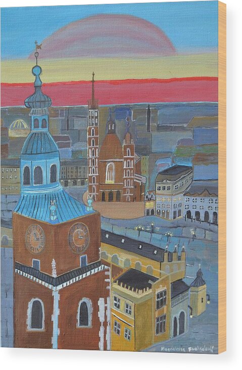 Cracow Poland City Church Street Painting Square Clock Acrylic Print Copy Photo Mask Corona Virus Europe Canvas Wood Print featuring the painting Cracow Poland by Magdalena Frohnsdorff