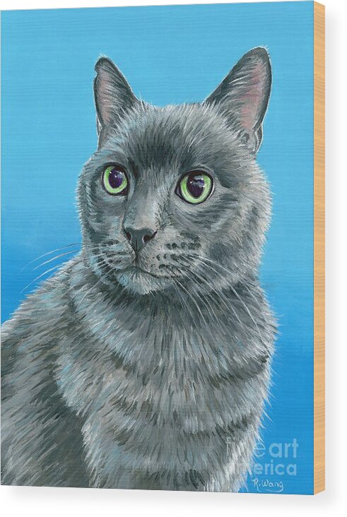 Cat Wood Print featuring the painting Cute Gray Kitty Cat by Rebecca Wang