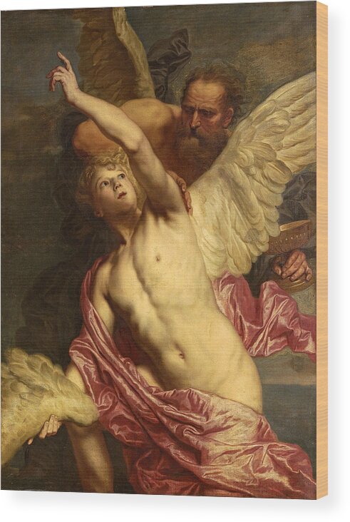 Pieter Thijs Wood Print featuring the painting Daedalus fixing wings onto the shoulders of Icarus by Pieter Thijs