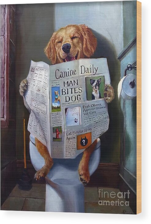  Happy Wood Print featuring the painting Dog Reading the Newspaper On Toilet Funny by Stewart Joanne