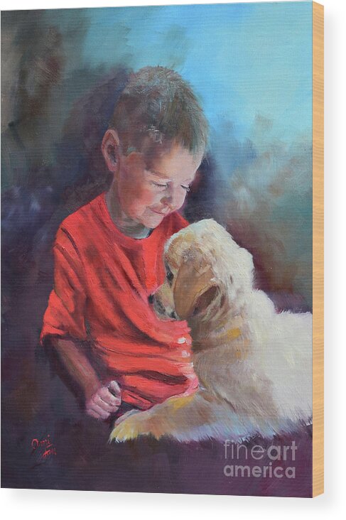 Boy And His Dog Wood Print featuring the painting Drewby meets Buddy by Jan Dappen