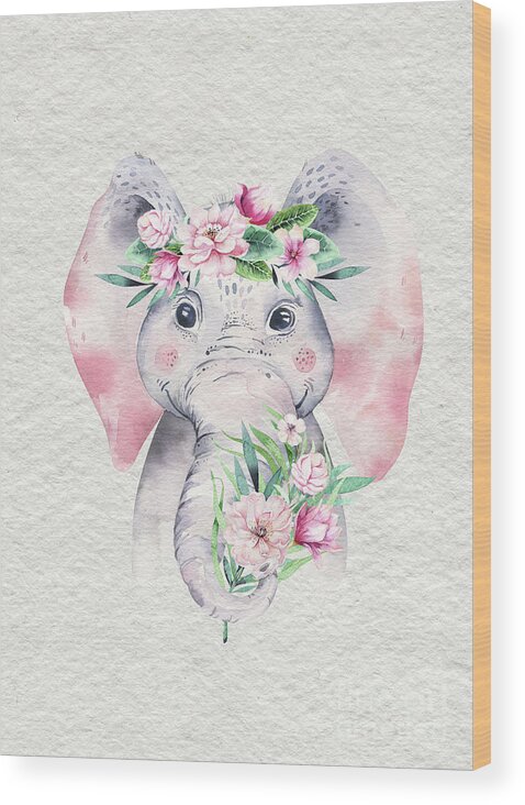 Elephant Wood Print featuring the painting Elephant With Flowers by Nursery Art