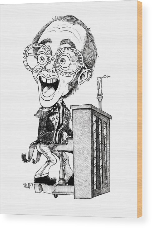 Mikescott Wood Print featuring the drawing Elton John by Mike Scott
