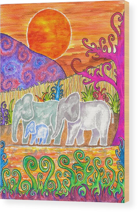 Elephants Wood Print featuring the painting Evening Elephants by Gemma Reece-Holloway