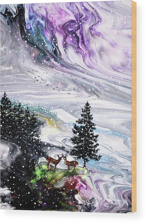 Pine Tree Wood Print featuring the painting Falling Snow on the Mountains by Laura Iverson