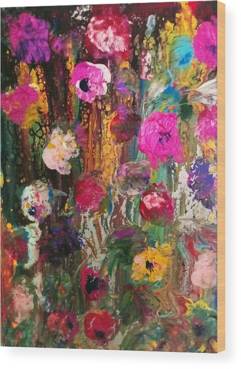 Flowers Fusion Pink Wood Print featuring the painting Flower Fusion by Anna Adams