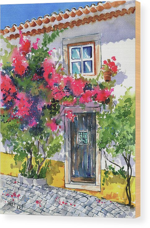 Portugal Wood Print featuring the painting Flowery Entrance in Obidos Portugal by Dora Hathazi Mendes