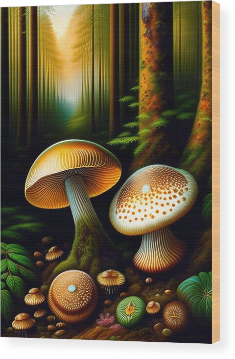 Illustration Wood Print featuring the digital art Forest Mushrooms by Lori Hutchison