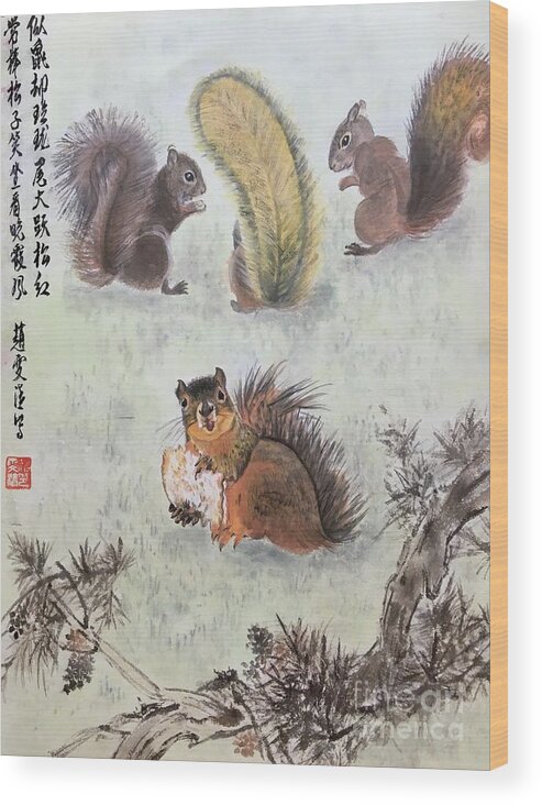 Squirrel Wood Print featuring the painting Four Squirrels In The Neighborhood - 2 by Carmen Lam