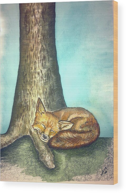 Nature Wood Print featuring the painting Fox And Tree by Christina Wedberg