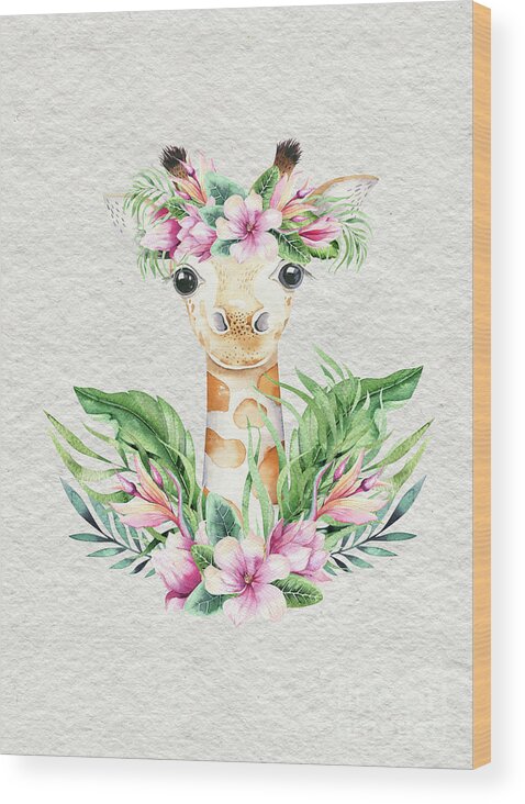 Giraffe Wood Print featuring the painting Giraffe With Flowers by Nursery Art