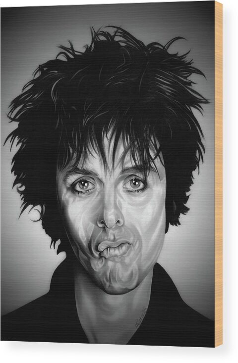 Billy Joe Armstrong Wood Print featuring the drawing Green Day - White Back, Black and White Edition by Fred Larucci