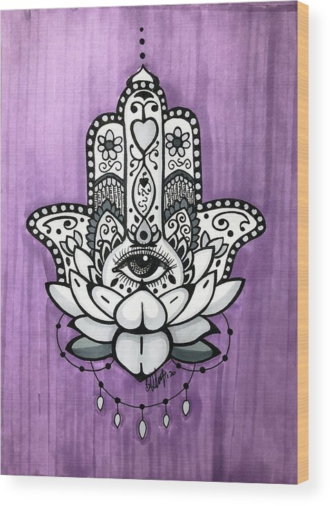 Hamsa Wood Print featuring the drawing Hamsa on Purple by Creative Spirit