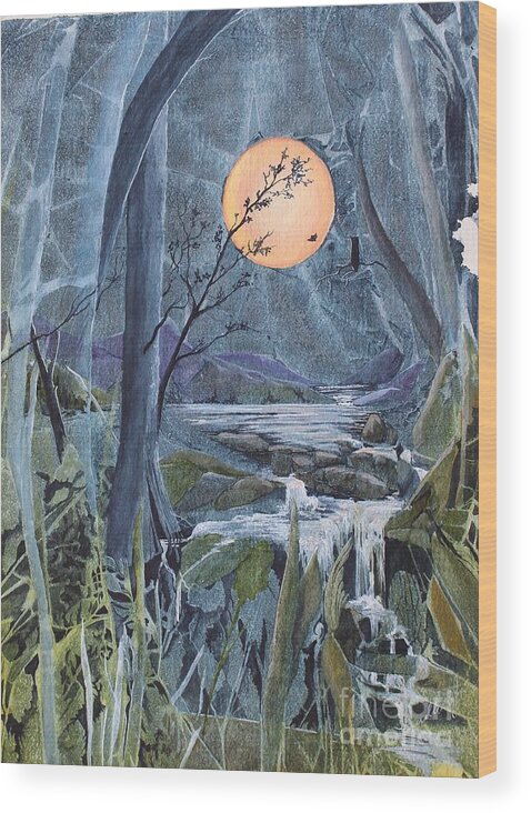 Moon Wood Print featuring the painting Harvest Moon - The Lakes by Jackie Mueller-Jones