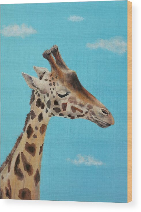 Giraffe Wood Print featuring the painting Head in the clouds by Elizabeth Lock