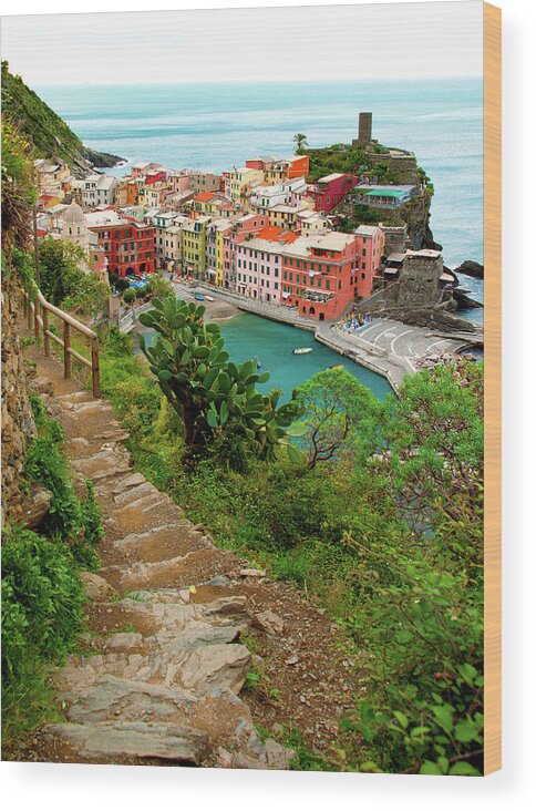 Hiking Wood Print featuring the photograph Hiking the Cinque Terre - Vernazza, Italy by Denise Strahm