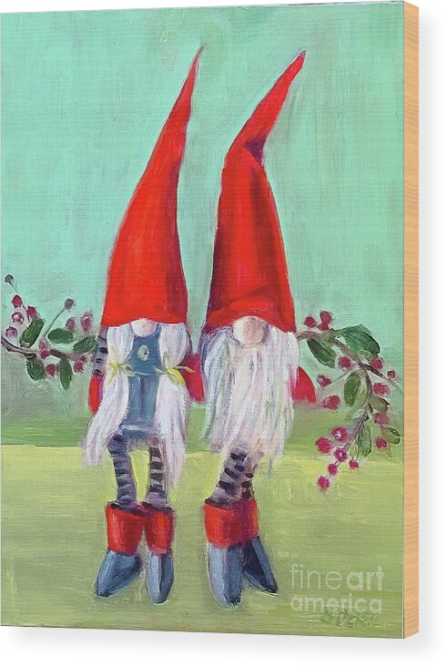 Holiday Gnomes Wood Print featuring the painting Holiday Gnomes by Barbara Oertli