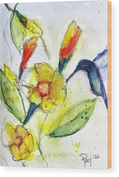 Watercolor Wood Print featuring the painting Hummingbird in the Tube Flowers by Roxy Rich