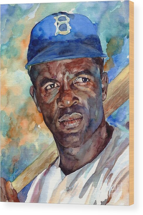 Sports Wood Print featuring the painting Jackie Robinson Watercolor by Suzann Sines