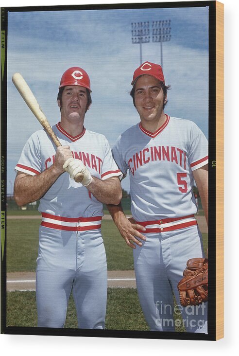 National League Baseball Wood Print featuring the photograph Johnny Bench and Pete Rose by Louis Requena