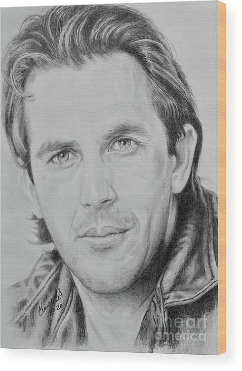 Kevin Costner Wood Print featuring the drawing Kevin Costner by Elaine Berger