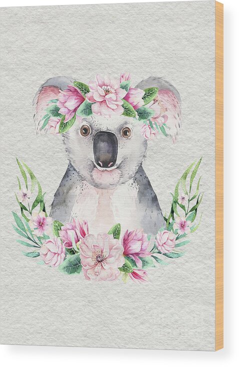 Koala Wood Print featuring the painting Koala With Flowers by Nursery Art