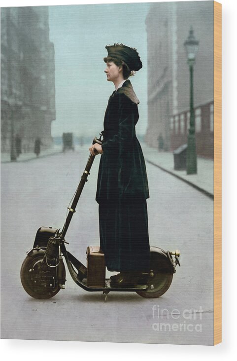 Scooter Wood Print featuring the photograph Lady and the Scooter in 1916 by Franchi Torres