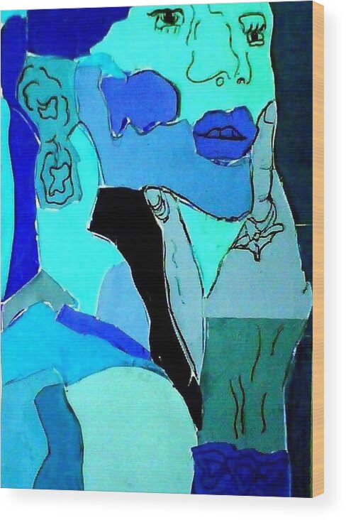 Lady Wood Print featuring the mixed media Lady in Blue by Suzanne Berthier