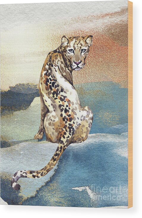 Leopard Wood Print featuring the painting Leopard Watercolor Animal Art Painting by Garden Of Delights