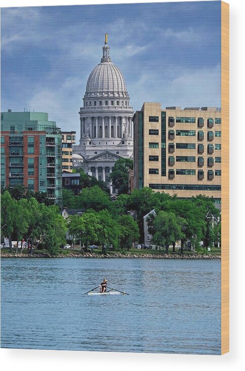 Madison Wood Print featuring the photograph Madison Capitol with Rower by Steven Ralser