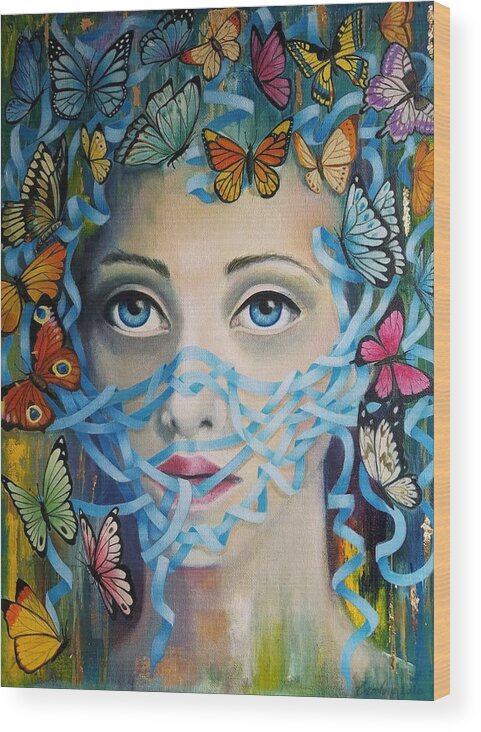 Mask Butterflies Blues Face Wood Print featuring the painting Mask by Caroline Philp