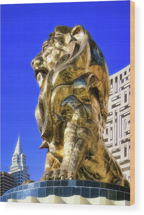 Lion Wood Print featuring the photograph MGM Lion Sculpture, Las Vegas by Tatiana Travelways