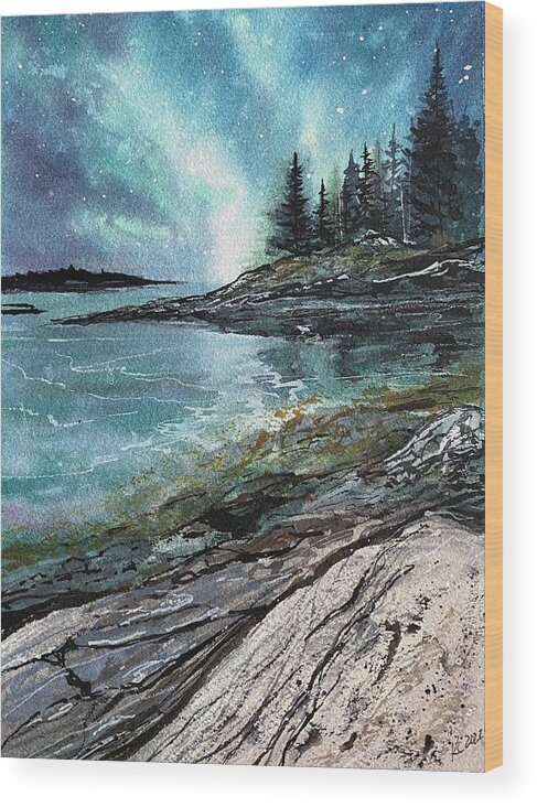 Landscape Wood Print featuring the painting Milky Way over Maine by Kellie Chasse