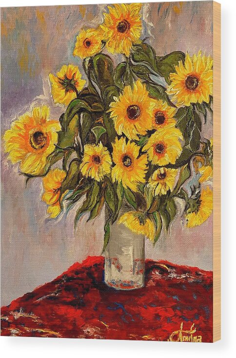 Sunflowers Wood Print featuring the painting Monets Sunflowers by Anitra by Anitra Handley-Boyt