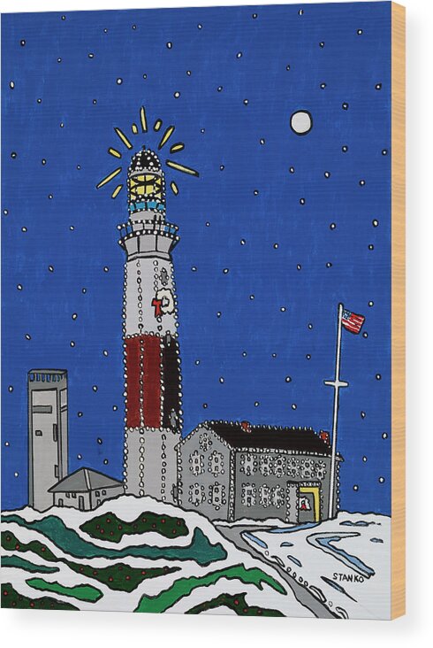 Montauk Lighthouse Christmas Wood Print featuring the painting Montauk Christmas Lights by Mike Stanko
