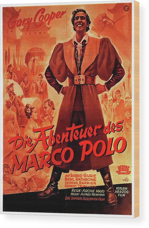 Adventures Wood Print featuring the mixed media Movie poster for ''The Adventures of Marco Polo'', with Gary Cooper, 1938 by Movie World Posters
