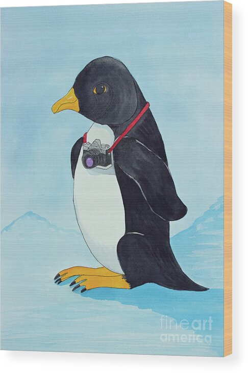 Mr. Penguin On Vacation A Pen & Ink Watercolor Painting By Norma Appleton Wood Print featuring the painting Mr. Penguin on Vacation by Norma Appleton