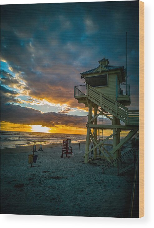 New Smyrna Beach Wood Print featuring the photograph NSB Lifeguard Tower at Sunrise #1 by Danny Mongosa
