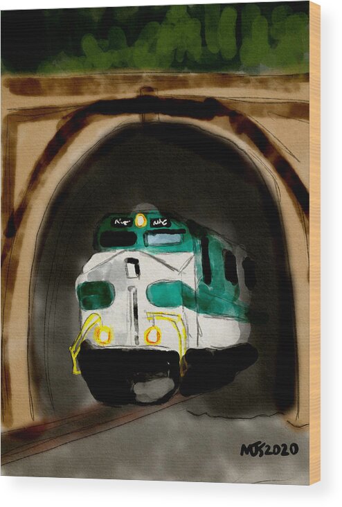Train Wood Print featuring the digital art Out Of The Tunnel by Michael Kallstrom