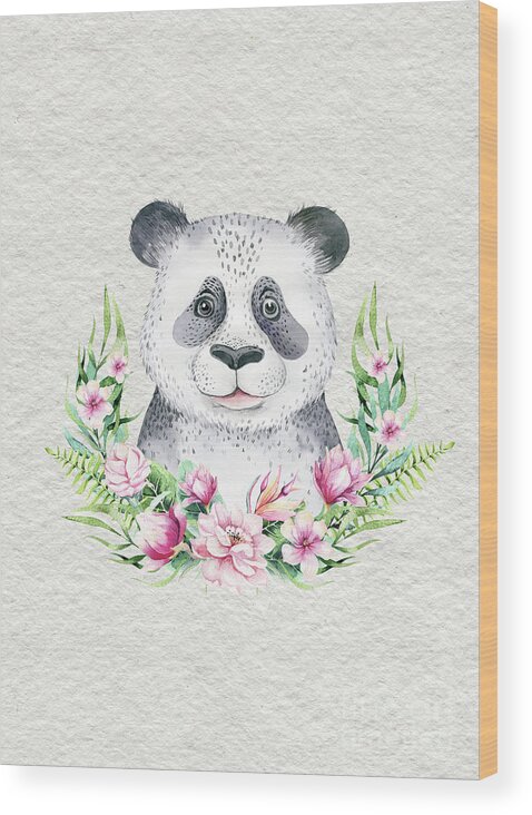 Panda Wood Print featuring the painting Panda Bear With Flowers by Nursery Art