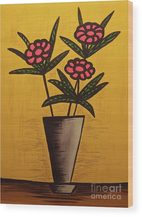 Mid Century Modern Wood Print featuring the mixed media Pink Flower Still Life Painting by Donna Mibus