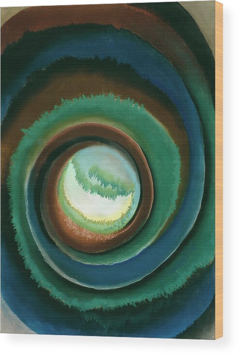Georgia O'keeffe Wood Print featuring the painting Pond in the woods - modernist abstract landscape aerial painting by Georgia O'Keeffe