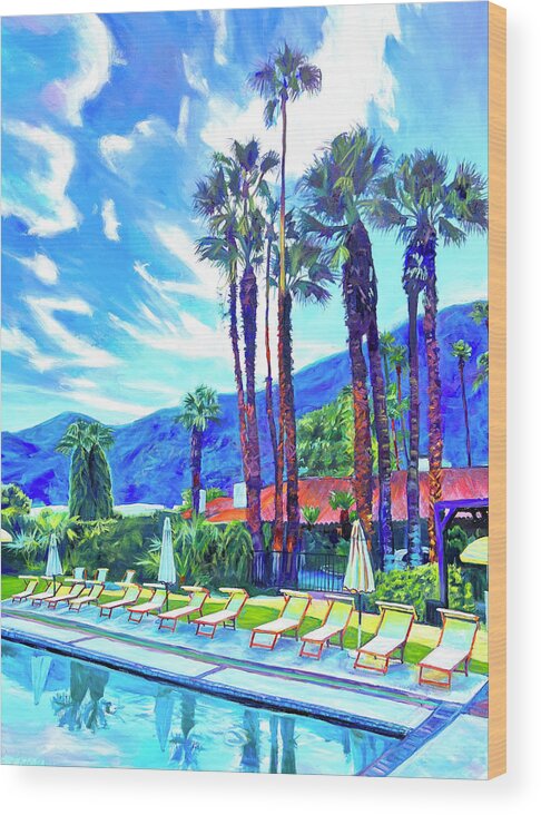 Palm Springs Wood Print featuring the painting Poolside in Palm SpringsPalm Springs, pool, poolside, blue, yellow, mountain, storm, palms, desert, by Bonnie Lambert