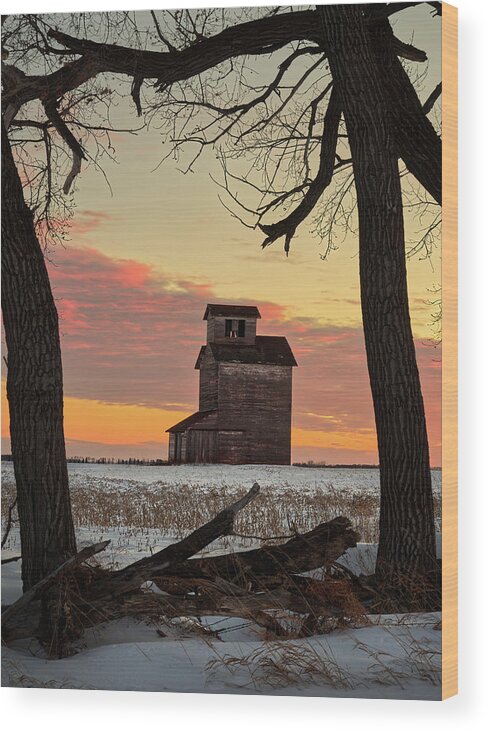 Nd Wood Print featuring the photograph Prairie Sentinel - Lone abandoned grain elevator in ND prairie winter scene by Peter Herman