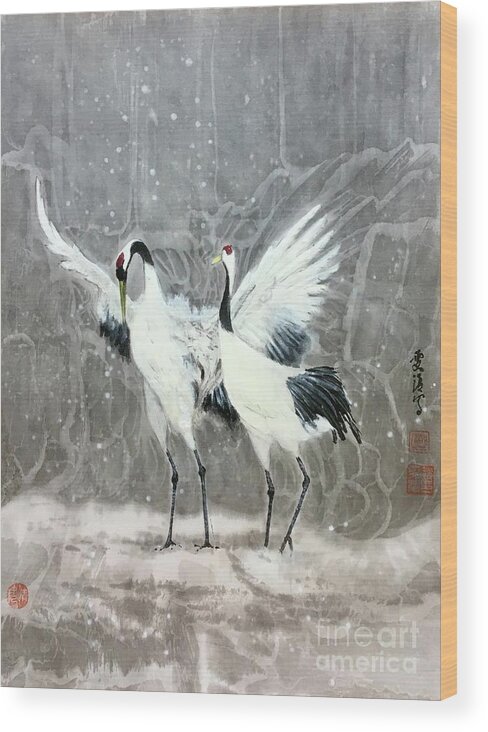 Red-crowned Cranes Wood Print featuring the painting Red-Crown Crane - 1 Sweet Quiet Moment by Carmen Lam