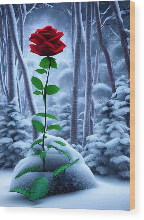Digital Wood Print featuring the digital art Red Rose in the Snow by Beverly Read