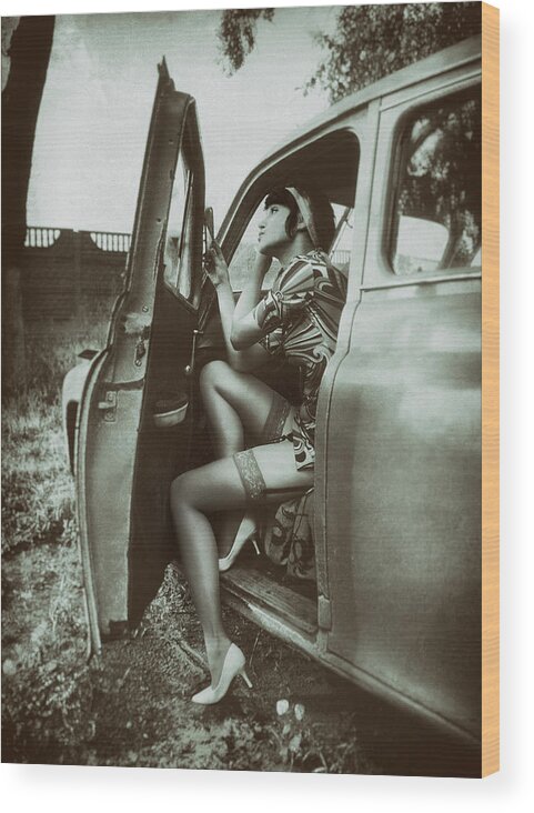 #instagram #edwardgalagan #galagan #edgalagan #ed_galagan #edward_galagan #eduardgalagan #eduard_galagan #netherlands #dutchphotography #eindhoven #artgallery #artphotography #professionalphotography #bestsphotographer #bestphotography #stockings #auto #nostalgia #pinupmodel #pinupmodels #erotic #pinup #sexy #garters #fashion #retro #vintage #b&w #blackandwhite Wood Print featuring the digital art Resting in the car by Edward Galagan