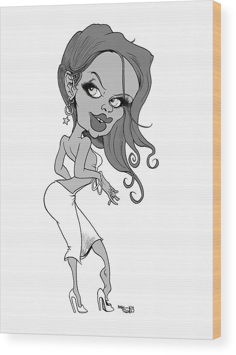 Rihanna Wood Print featuring the drawing Rihanna by Mike Scott